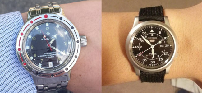 Vostok Amphibia vs Seiko 5 on wrist