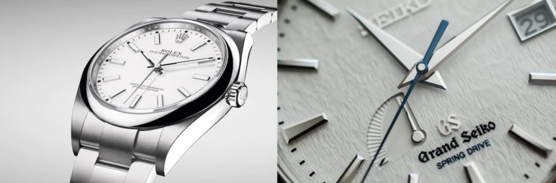 Rolex Oyster Perpetual vs Grand Seiko Snowflake dial closeup
